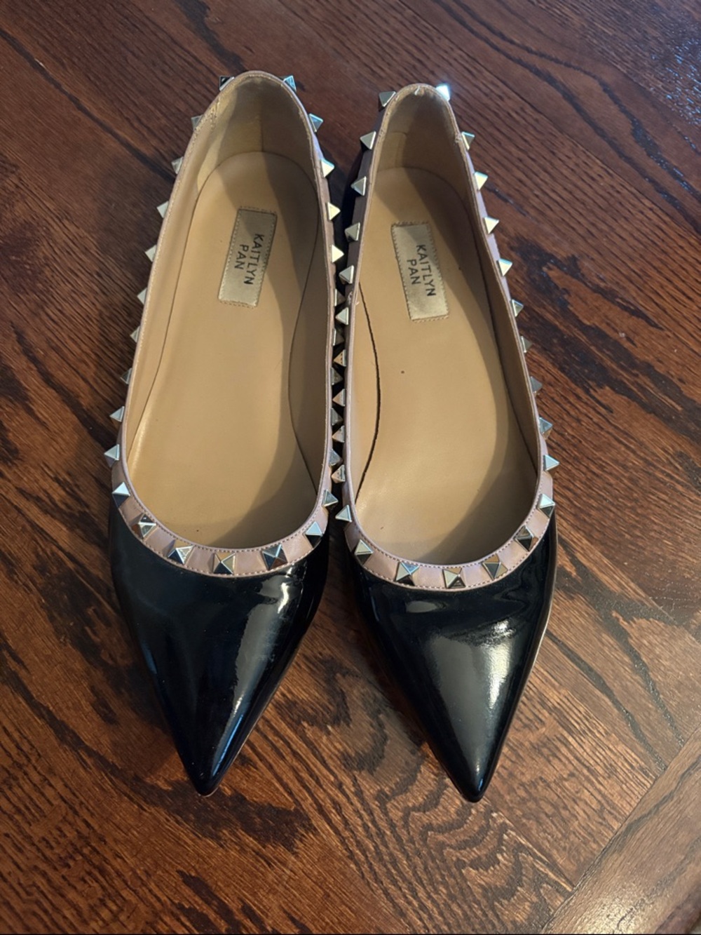 Kaitlyn Pan Black Patent Pointed-Toe Stud Ballet Flat